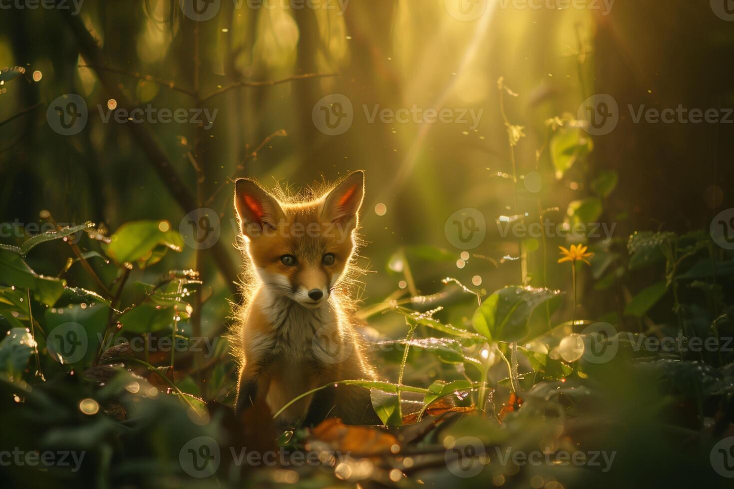 ai gerado minúsculo Raposa kits primeiro passos amanhecer dourado luz dentro a floresta compensação foto