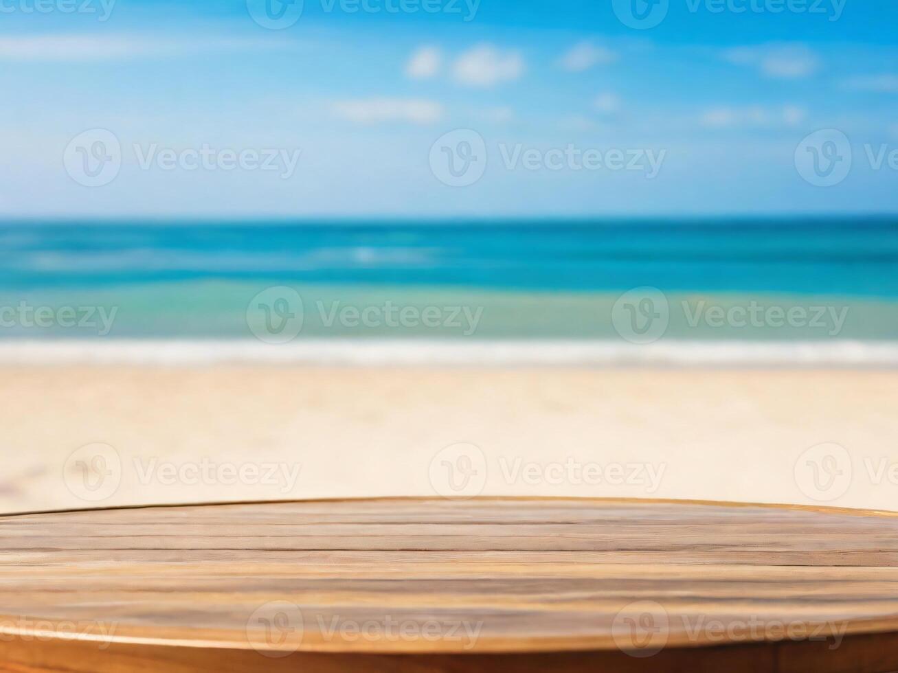 ai gerado esvaziar volta de madeira mesa com uma borrado fundo do mar de praia luz do dia e verão clima foto