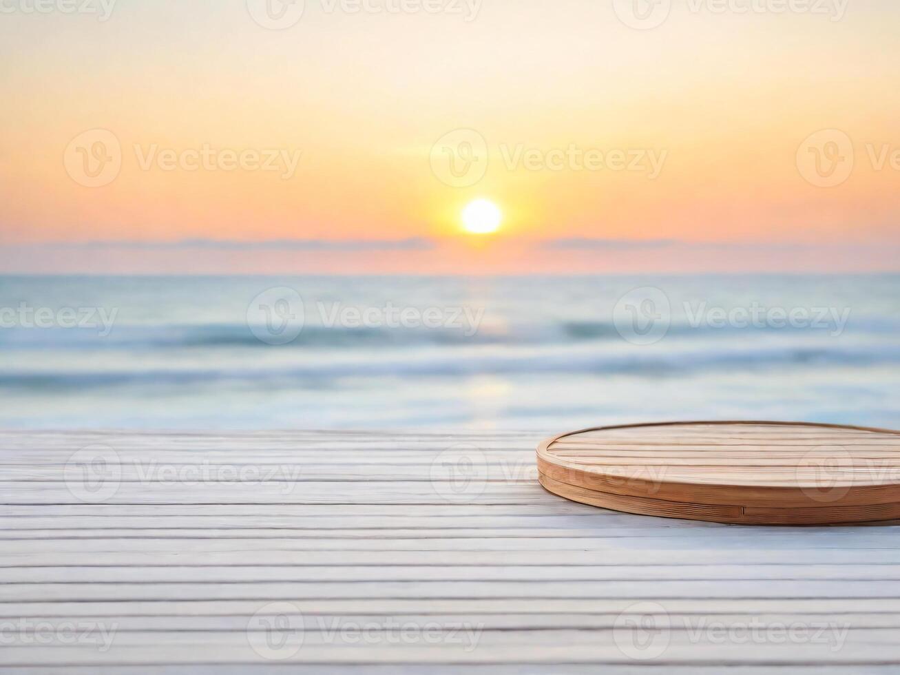 ai gerado esvaziar volta branco de madeira pódio com uma borrado fundo do mar de praia pôr do sol luz e verão clima foto