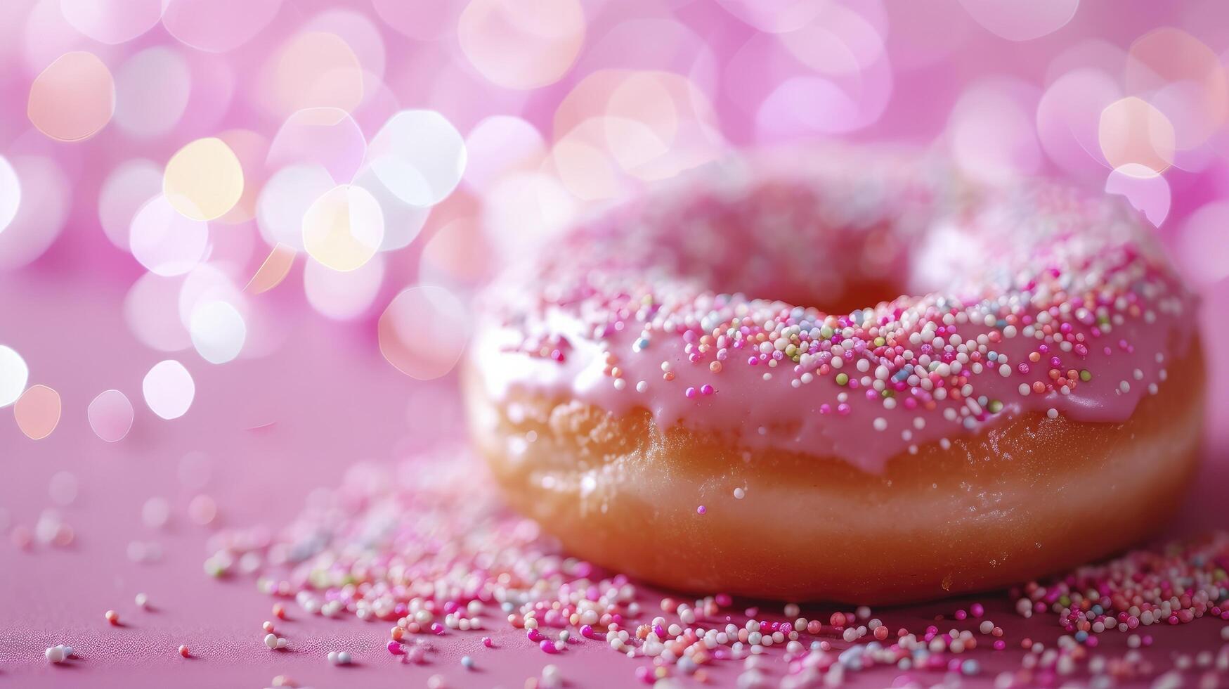 ai gerado delicioso rosquinhas com granulados em uma Rosa fundo, a comemorar nacional rosquinha dia com uma bokeh efeito. foto