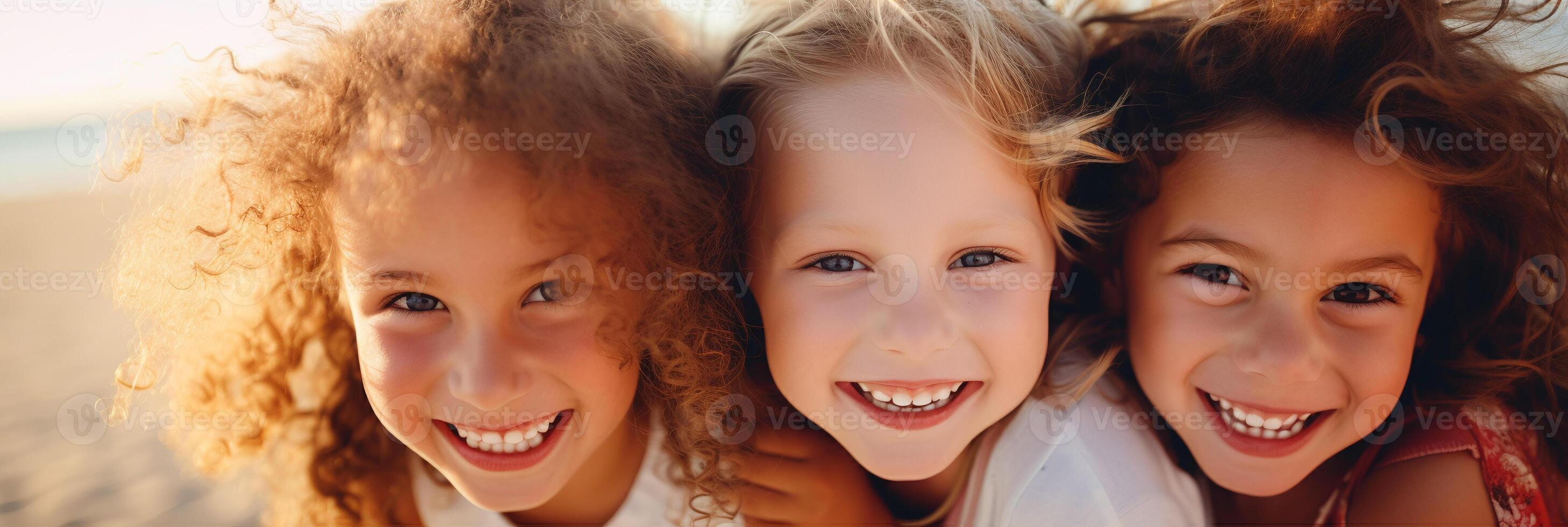 ai gerado alegre crianças sorridente, grupo do feliz crianças com encaracolado cabelo, brincalhão amigos desfrutando Tempo juntos foto