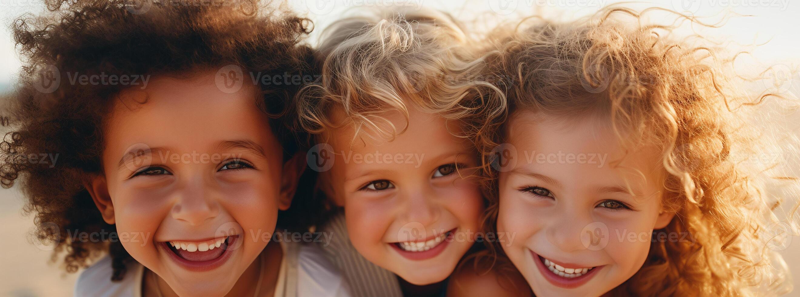 ai gerado radiante crianças com encaracolado cabelo partilha sorrisos dentro dourado luz, uma retrato do felicidade e amizade foto