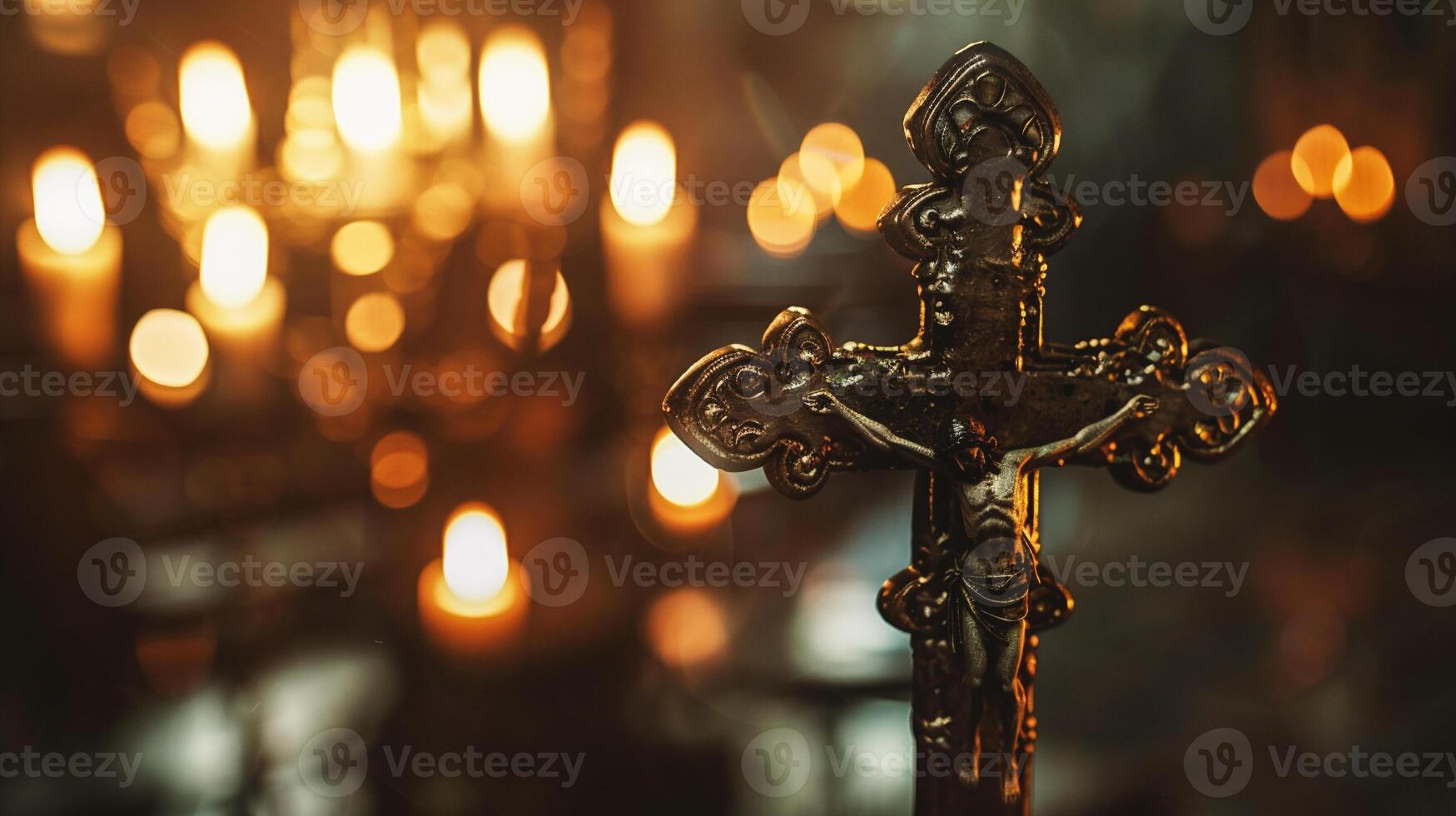 ai gerado Cruz em a altar dentro a igreja, fechar-se foto