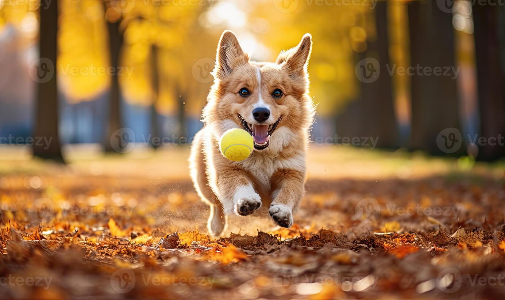 ai gerado uma brincalhão canino perseguindo uma tênis bola através a parque foto