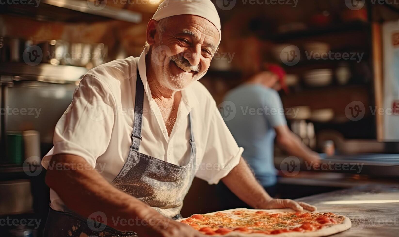 ai gerado uma pizza chefe de cozinha dentro a avental habilmente segurando uma delicioso, recentemente cozido pizza foto