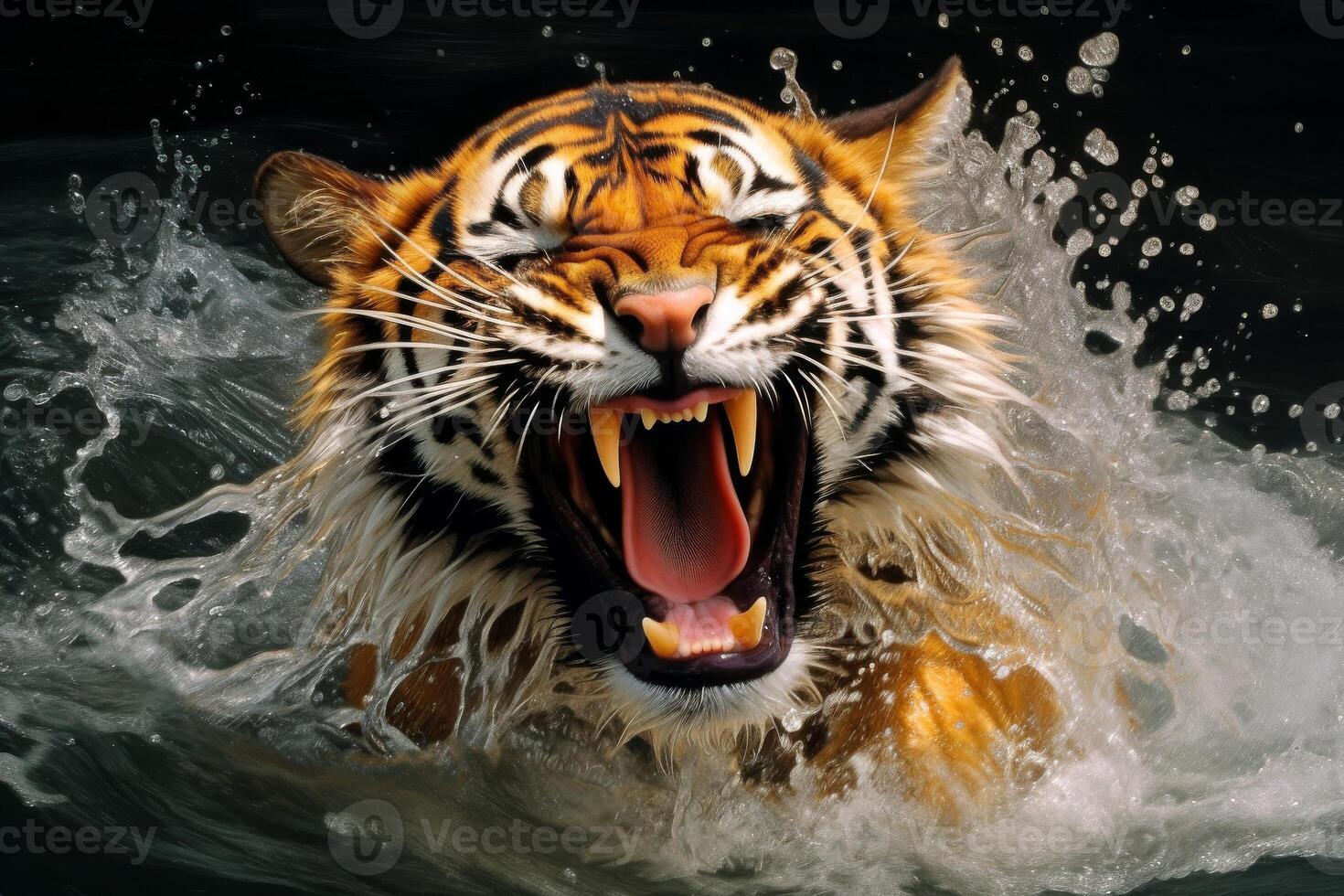 ai gerado fechar-se retrato do uma tigre rosnar ameaçadoramente, generativo ai foto