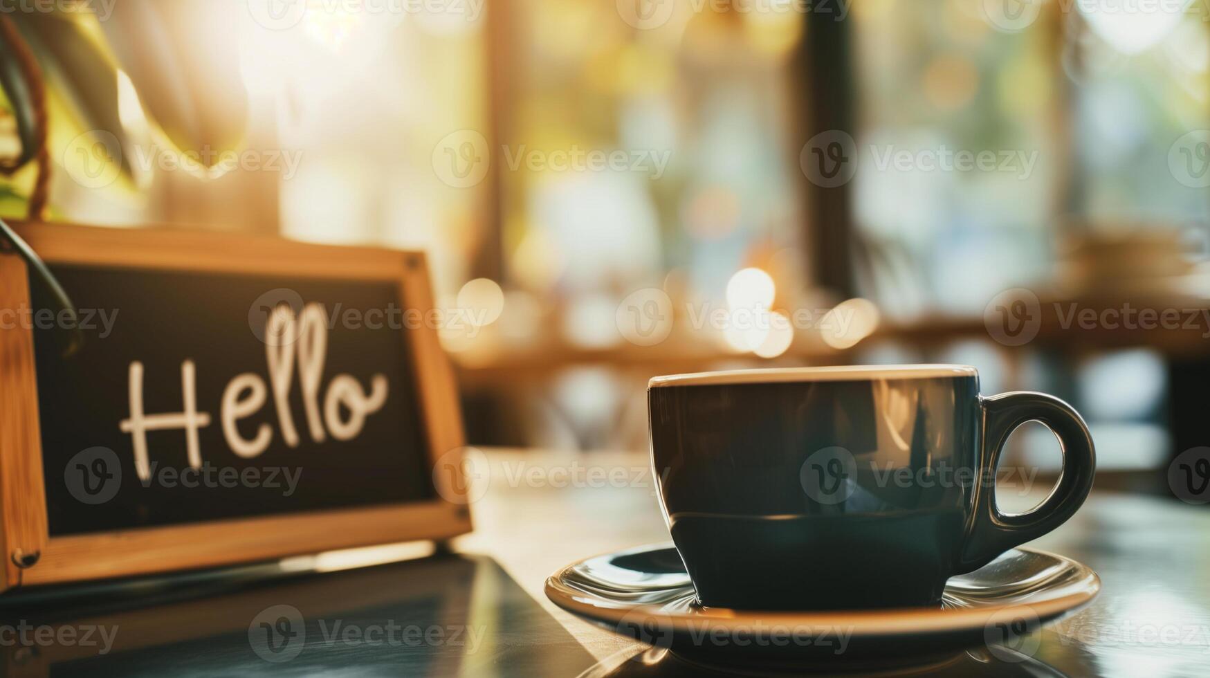 ai gerado café copo e quadro-negro com Olá texto em mesa dentro cafeteria foto