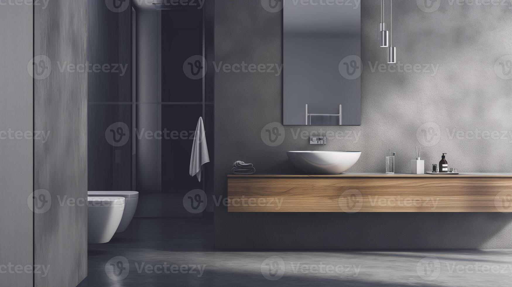 ai gerado moderno banheiro dentro cinzento tons e de madeira mobília foto