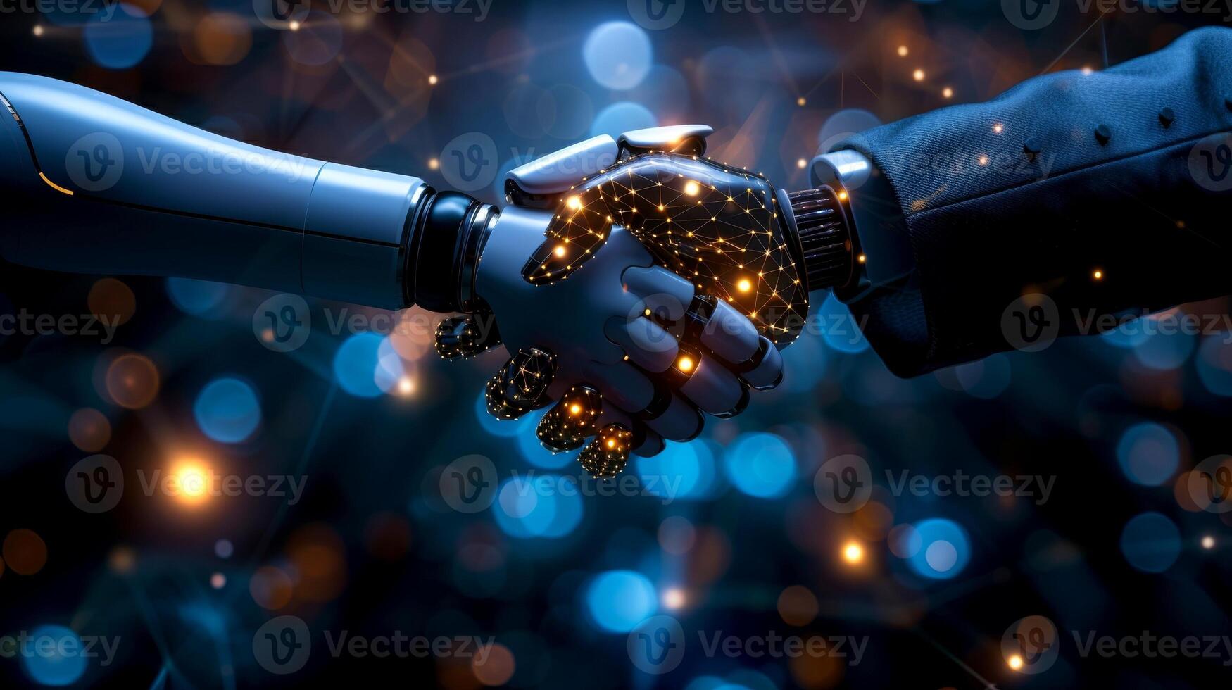 ai gerado robô aperto de mão com robô, futuro o negócio parceria conceito, generativo ai foto