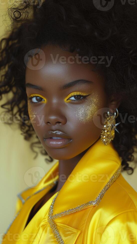 ai gerado moda modelo dentro amarelo Jaqueta e robusto ouro acessórios foto