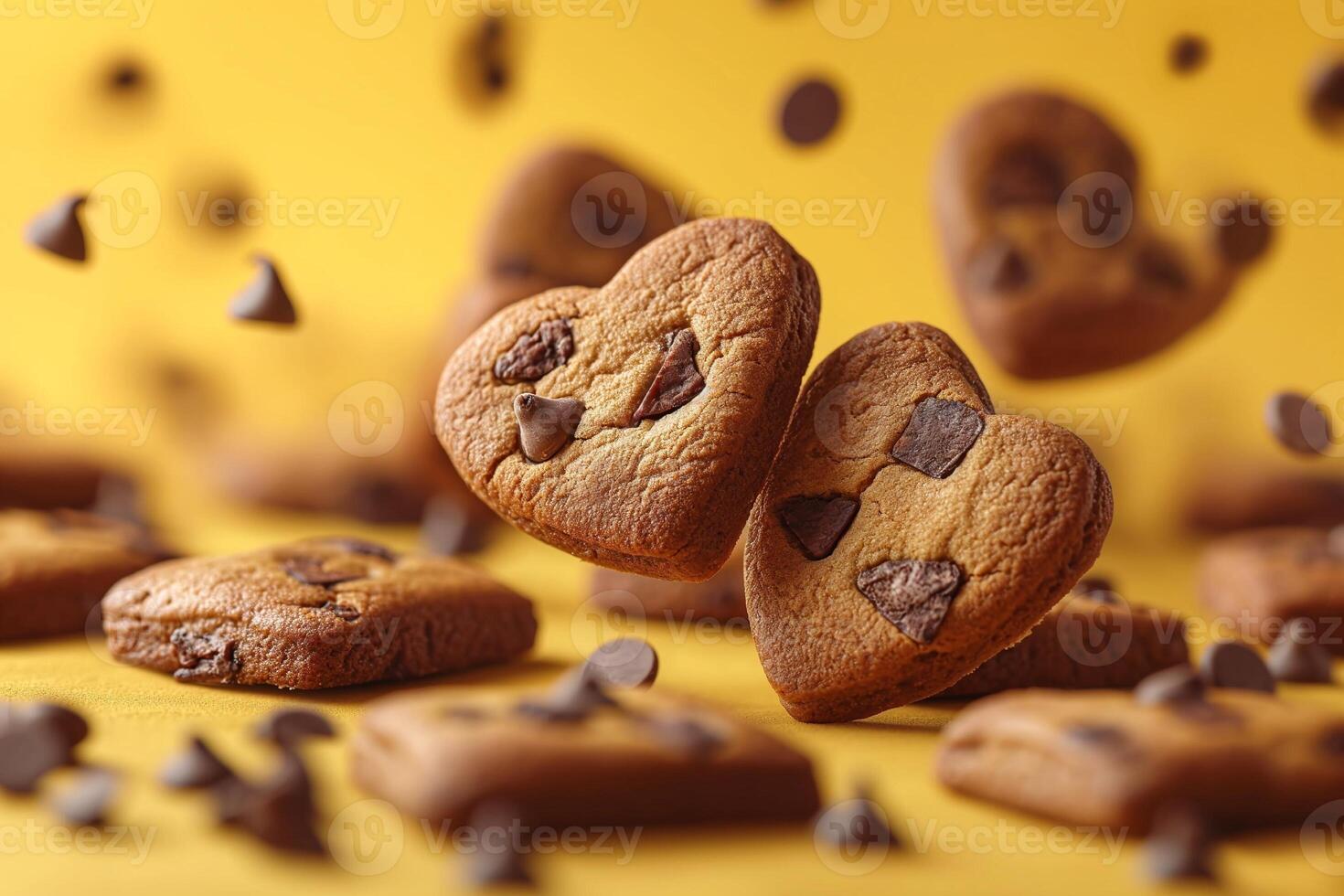 ai gerado chocolate lasca biscoitos subindo em uma amarelo tela de pintura foto