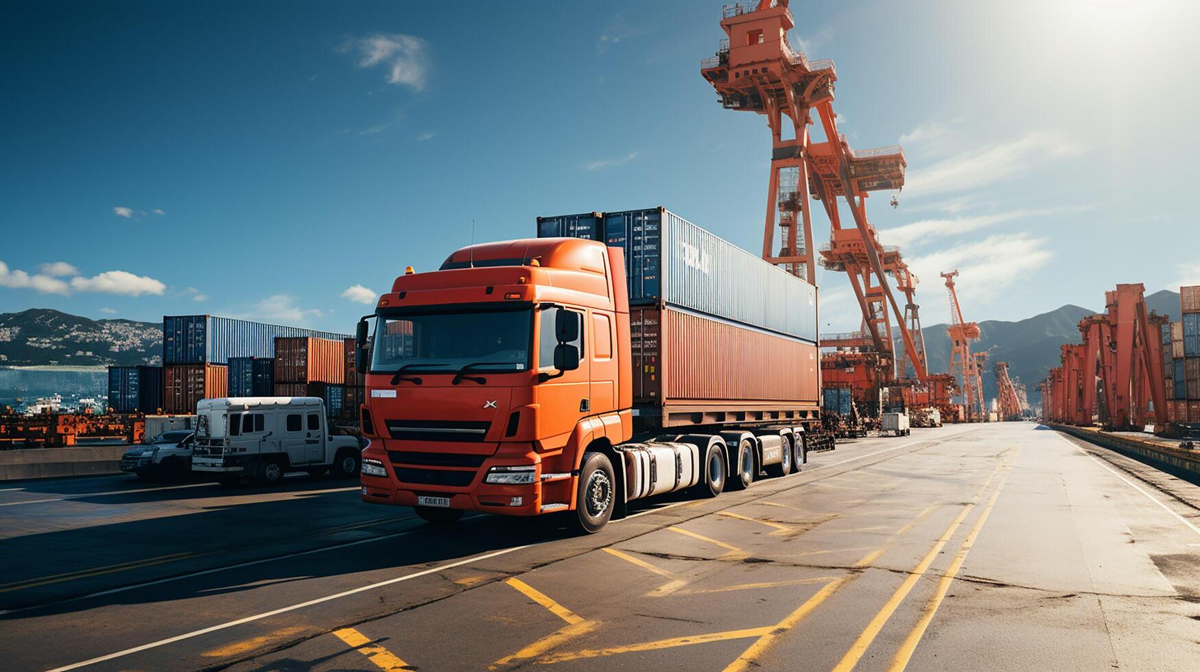 ai gerado recipiente carga frete navio durante descarregando às industrial porta, logístico importar exportação fundo e transporte indústria conceito foto