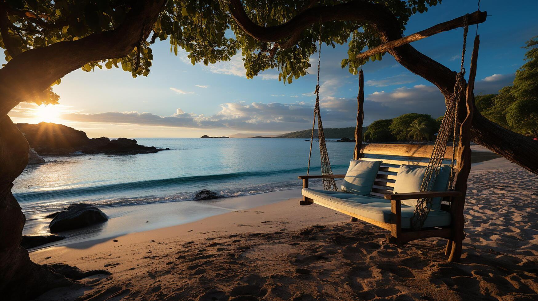 ai gerado nascer do sol, tropical de praia paraíso Como verão panorama com de praia balanço ou maca e branco areia, calma mar sereno de praia. luxo de praia período de férias verão feriado. foto