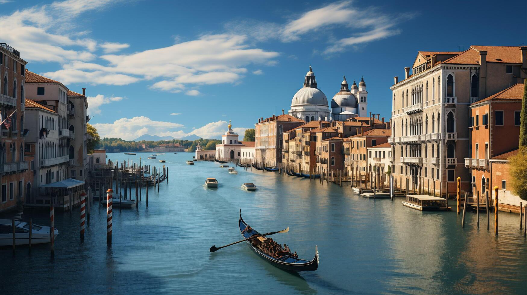 ai gerado tradicional gôndolas dentro veneziano água canal dentro Veneza. lindo turístico lugar. viagem. gondoleiro carrega turistas em gôndola grande canal do Veneza, Itália foto