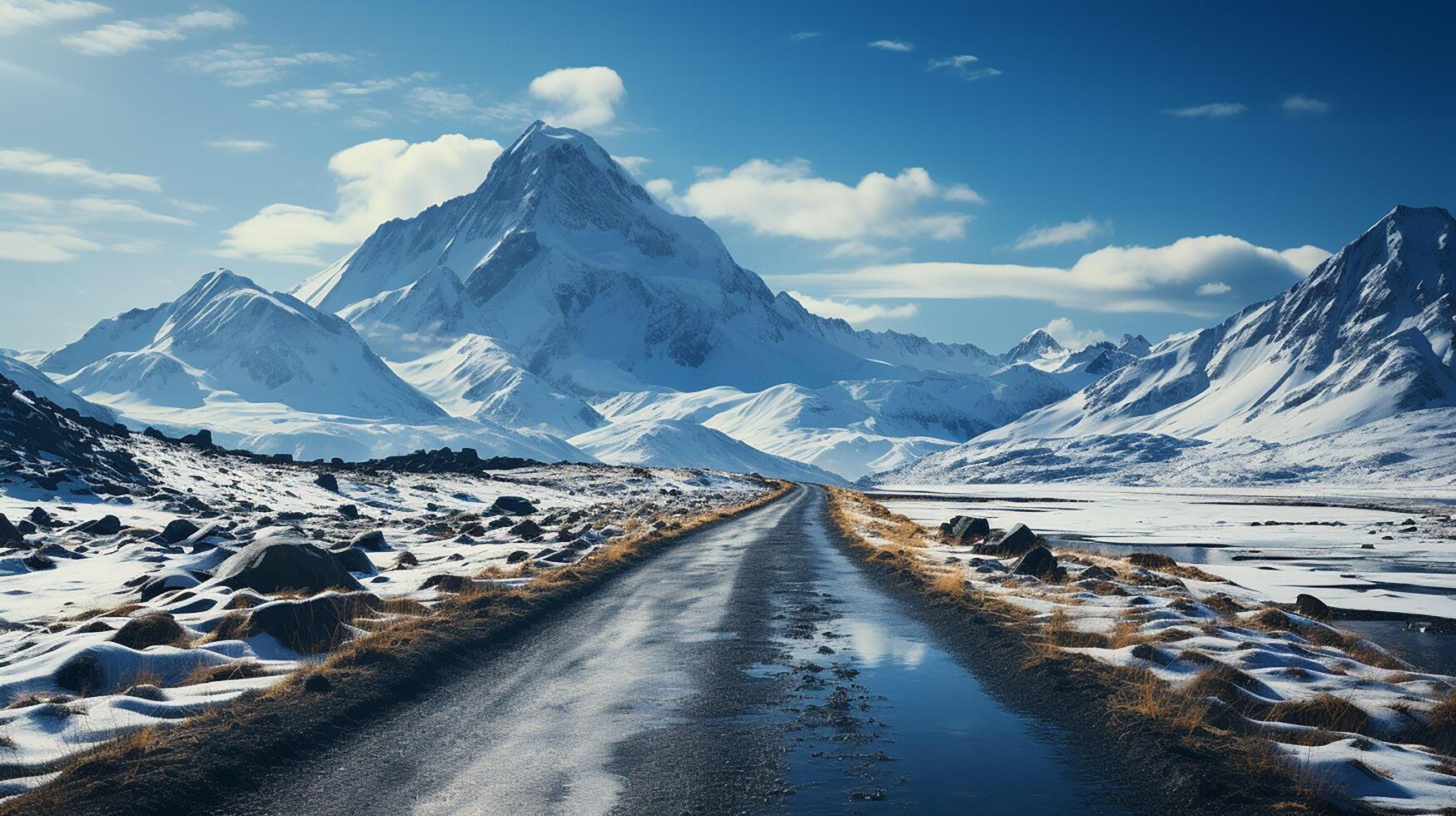 ai gerado viagem para Islândia. estrada dentro uma brilhante ensolarado montanha panorama. vatna vulcão coberto com neve e gelo em tne fundo foto