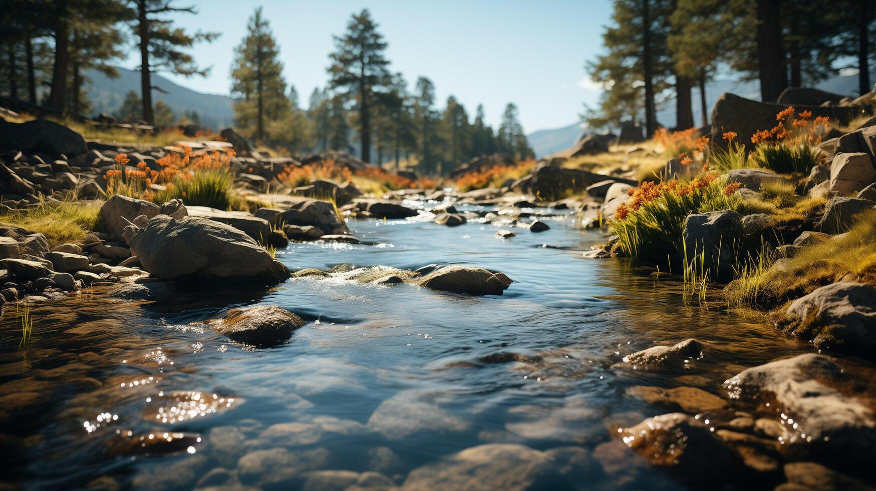 ai gerado lindo fechar acima ecologia natureza panorama com montanha Riacho. abstrato grandes exposição floresta corrente com pinho árvores e verde folhagem fundo. foto