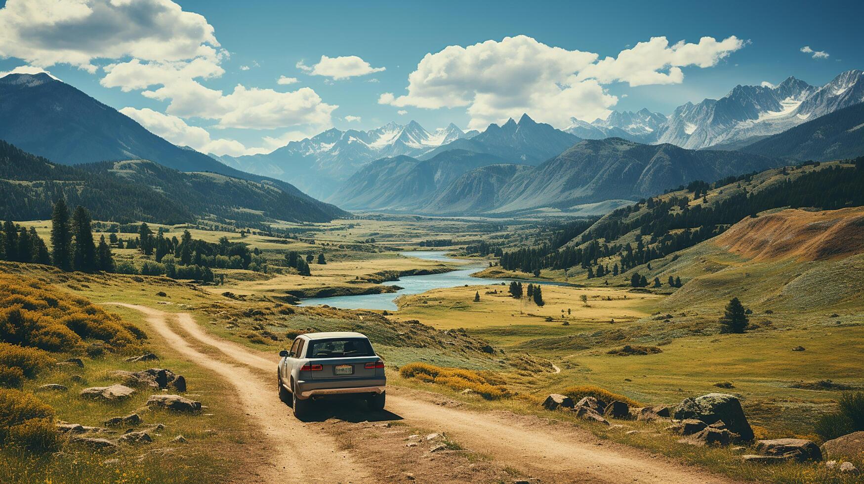 ai gerado ampla carro estacionado em sujeira estrada entre a montanha e Prado em ensolarado dia dentro verão foto