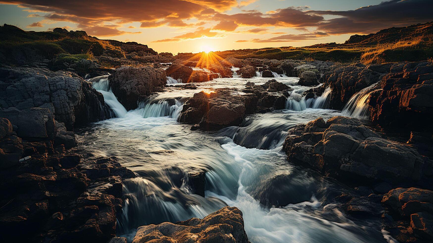 ai gerado cascata às pôr do sol foto