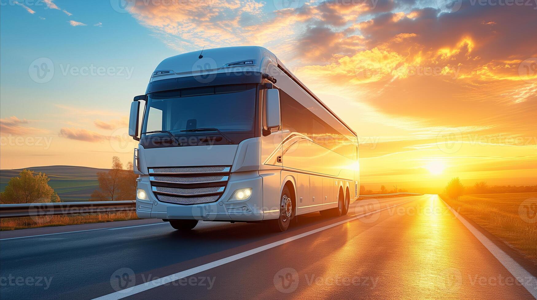 ai gerado moderno turista ônibus viajando em rodovia às pôr do sol, cênico estrada viagem foto