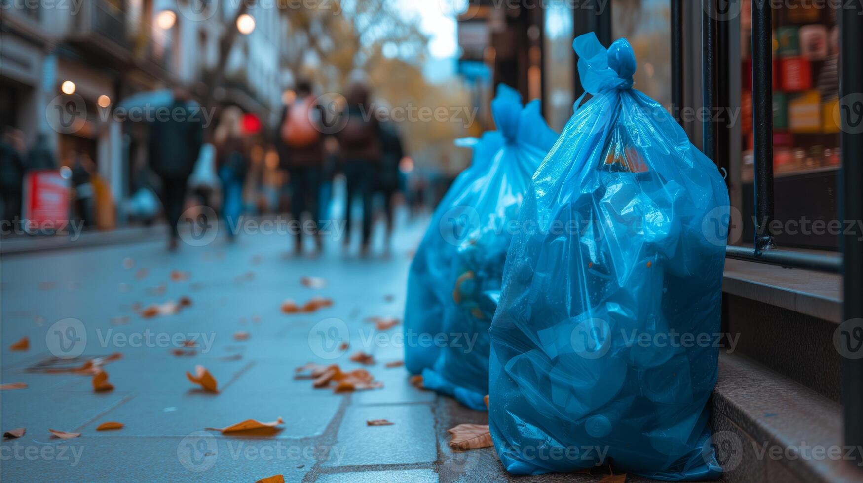 ai gerado azul Lixo bolsas em uma cidade rua às crepúsculo foto