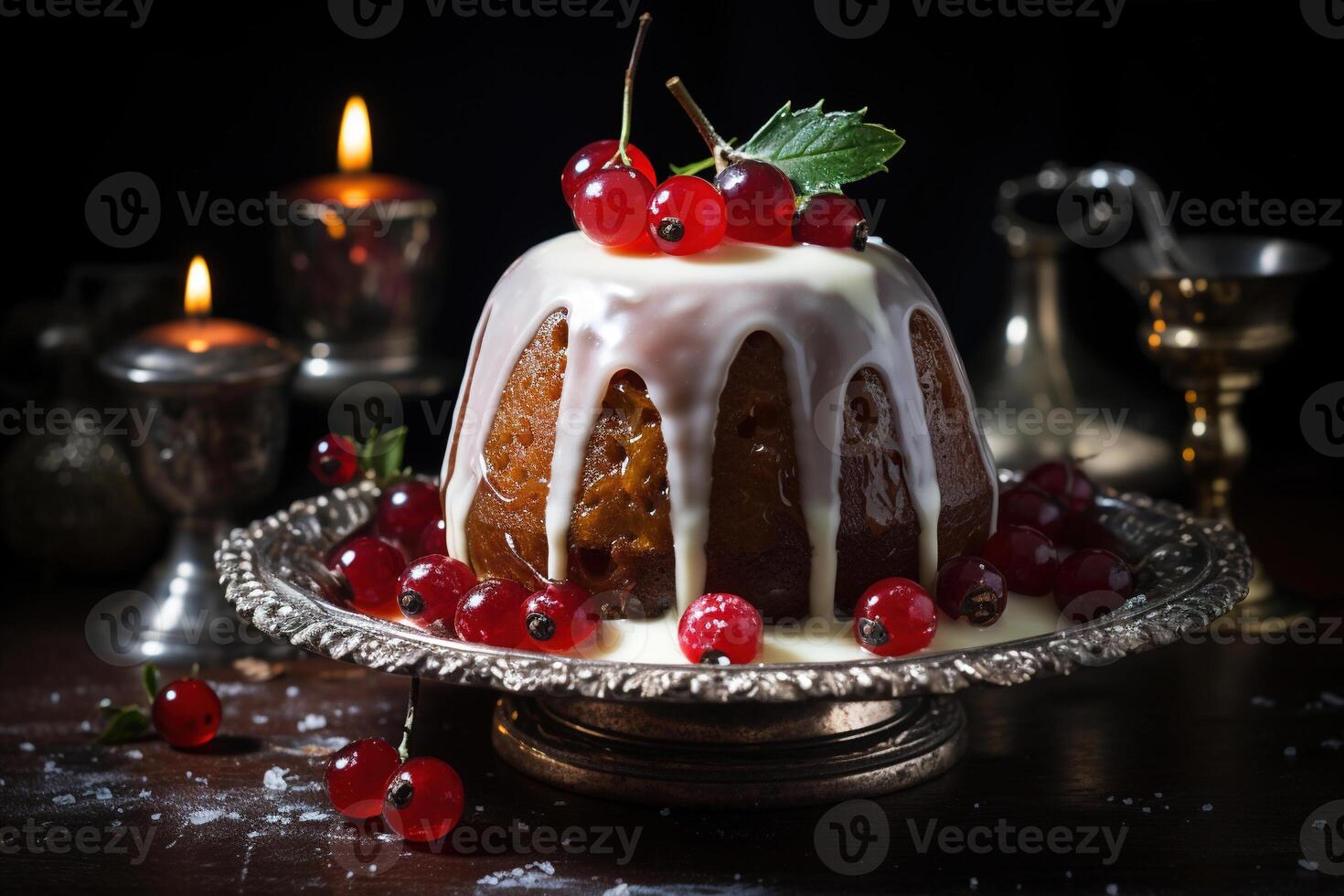 ai gerado Natal pudim em a mesa, fechar-se do uma delicioso doce sobremesa com cranberries em uma prato foto