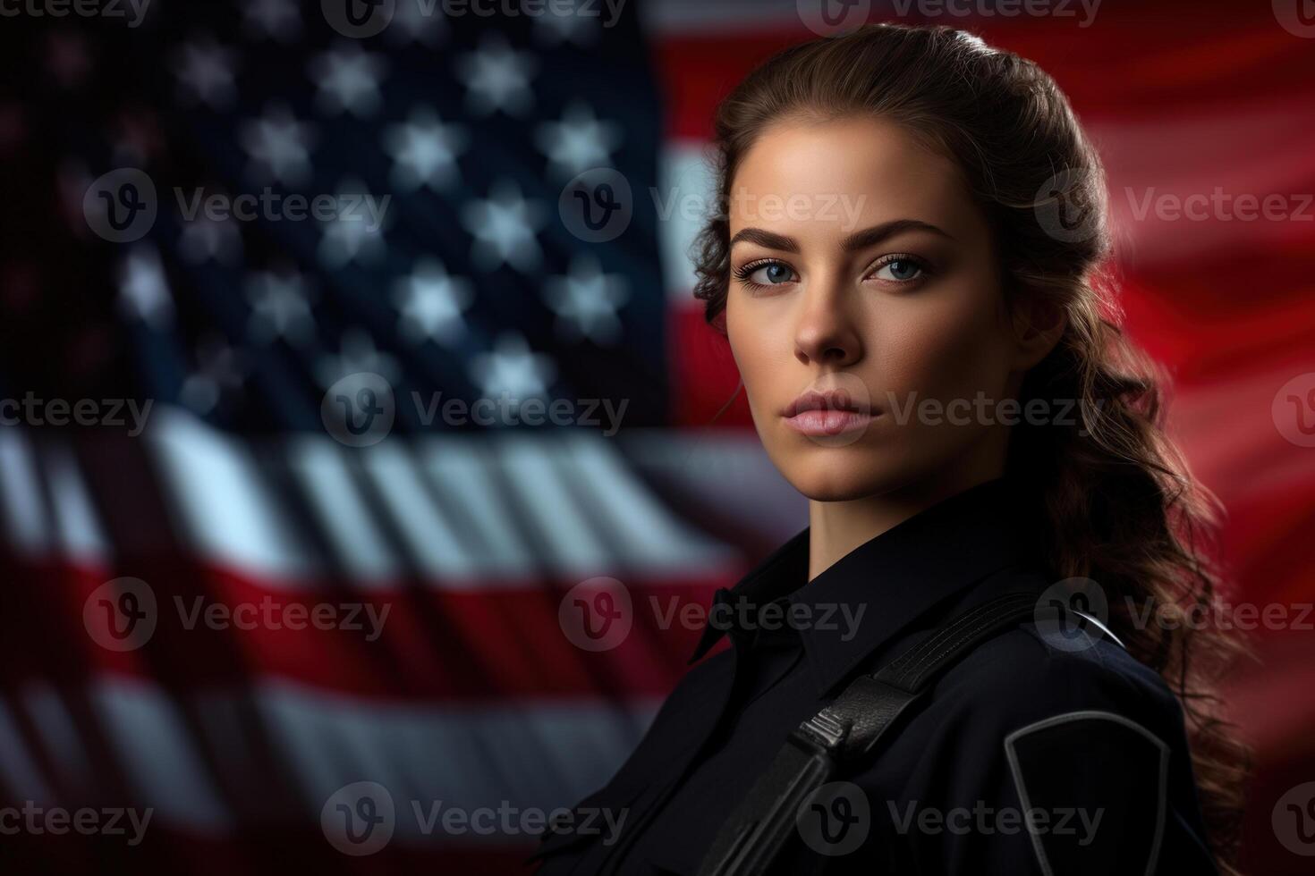 ai gerado retrato do orgulhoso caucasiano mulher polícia Policial dentro uniforme contra fundo do EUA americano bandeira, fêmea patrulha olhando às Câmera, cópia de espaço foto