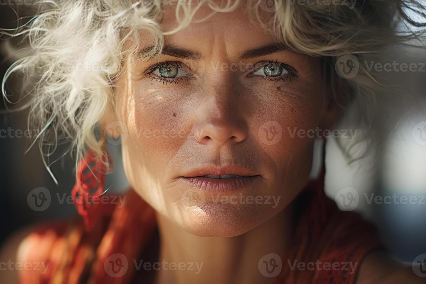 ai gerado retrato do beleza meio envelhecido mulher com rugas e cinzento cabelo olhando às Câmera, lindo à moda Senior senhora modelo dentro de casa foto