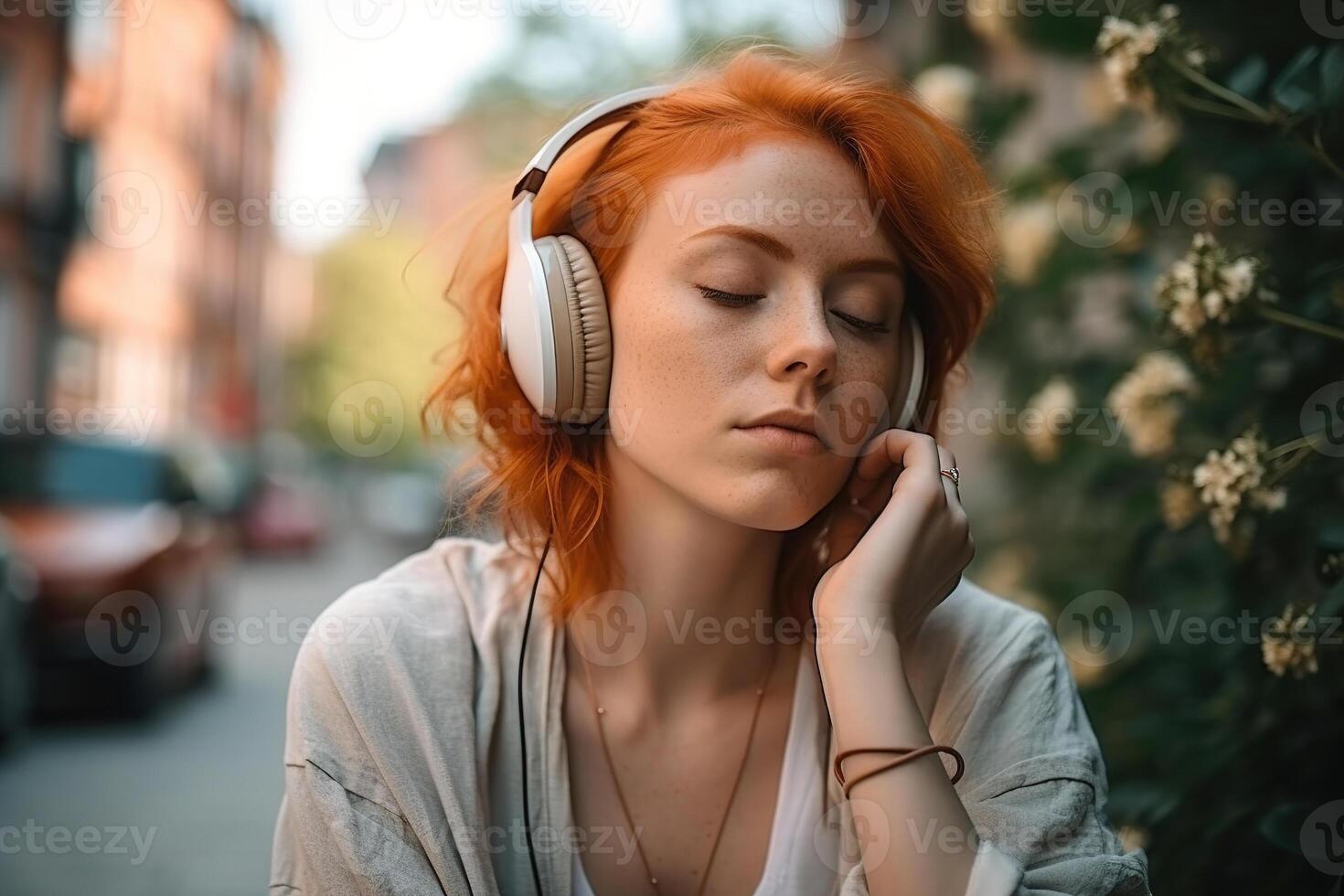 ai gerado música terapia, ruiva mulher adolescente com sardas ouvindo para música com fones de ouvido desfrutando som e tranquilidade com fechadas olhos ao ar livre foto