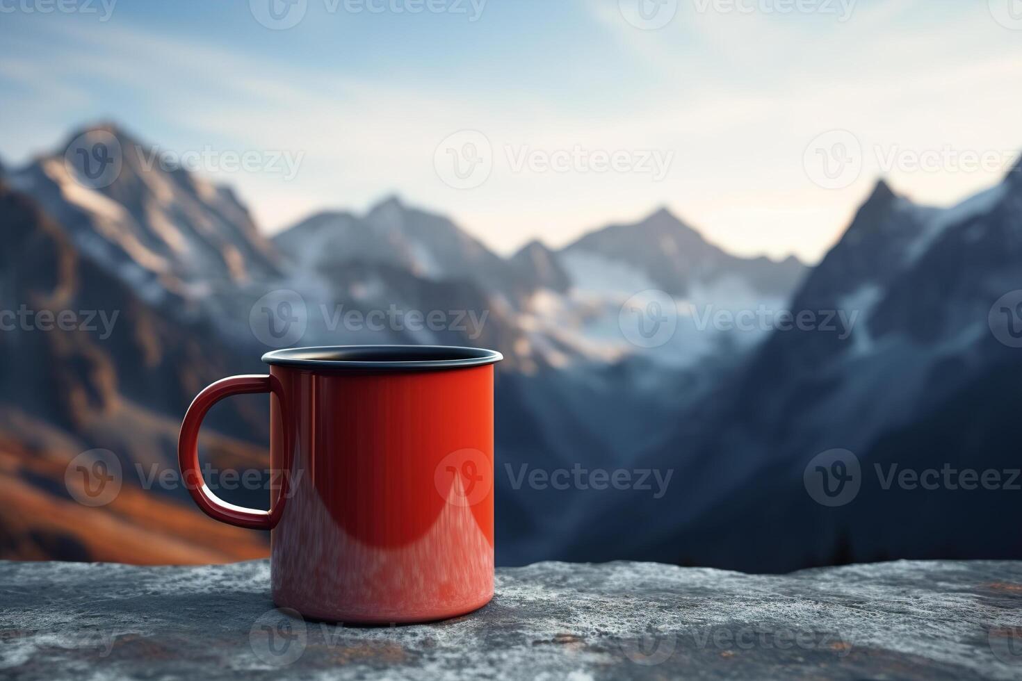 ai gerado ferro acampamento caneca zombar acima em pé em uma pedra dentro montanhas, uma vermelho metal copo dentro natureza foto