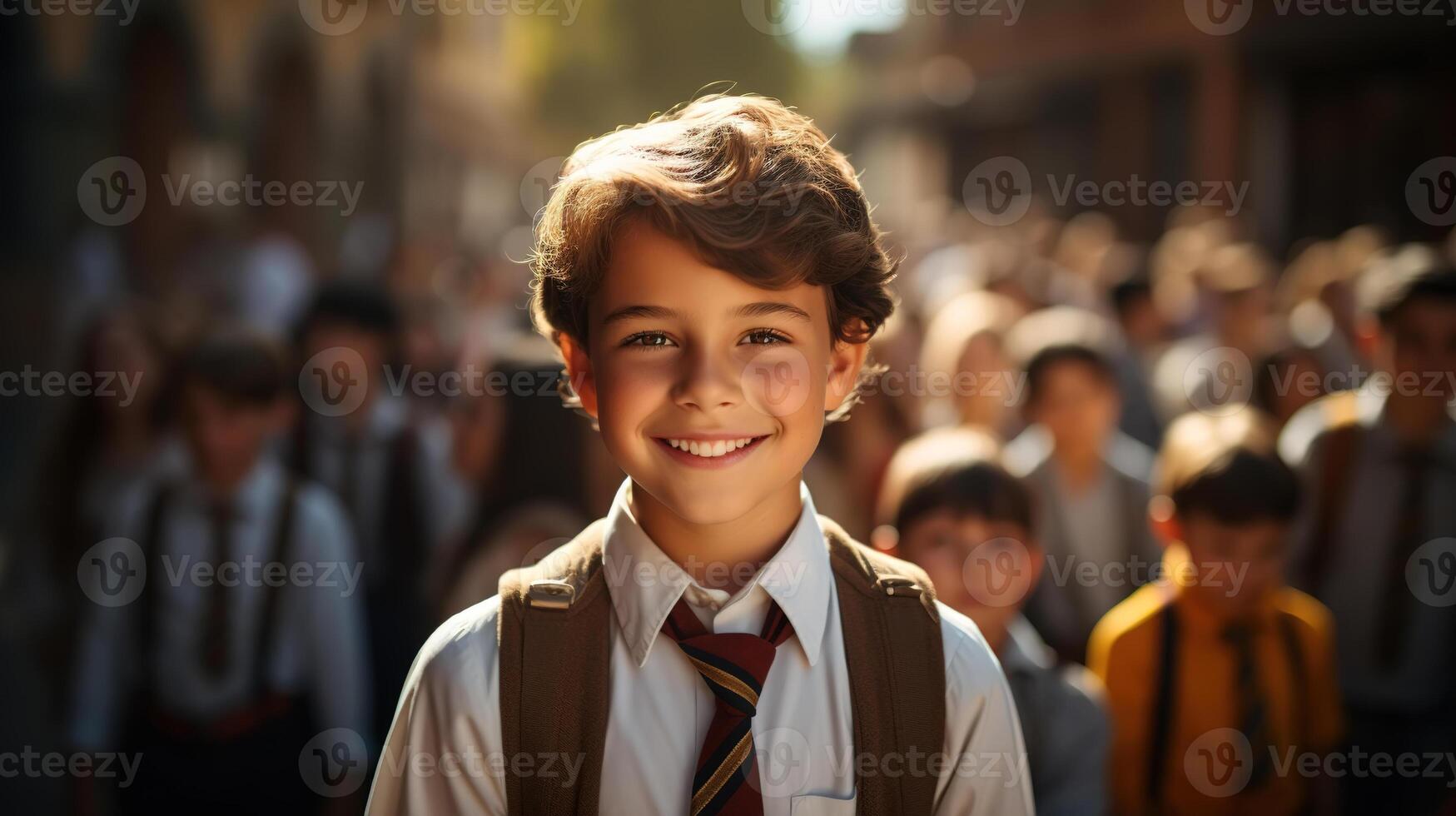 ai gerado feliz estudante ao ar livre, sorridente bonito encaracolado Garoto com uma mochila em fundo do multidão do crianças. crianças e costas para escola foto