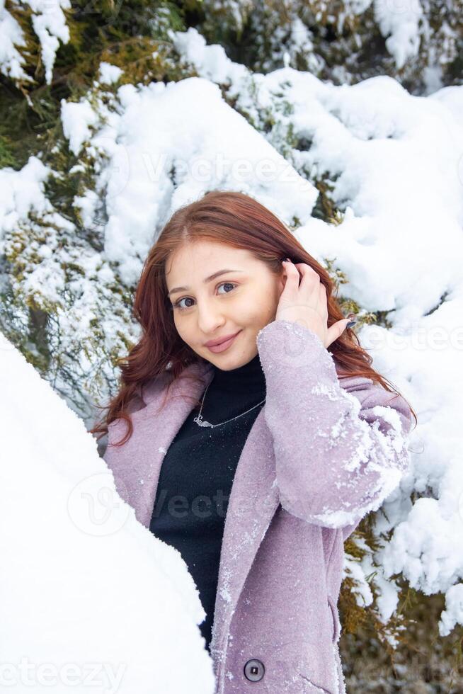 bonita jovem mulher dentro inverno parque, vermelho cabelos menina dentro a parque dentro inverno foto