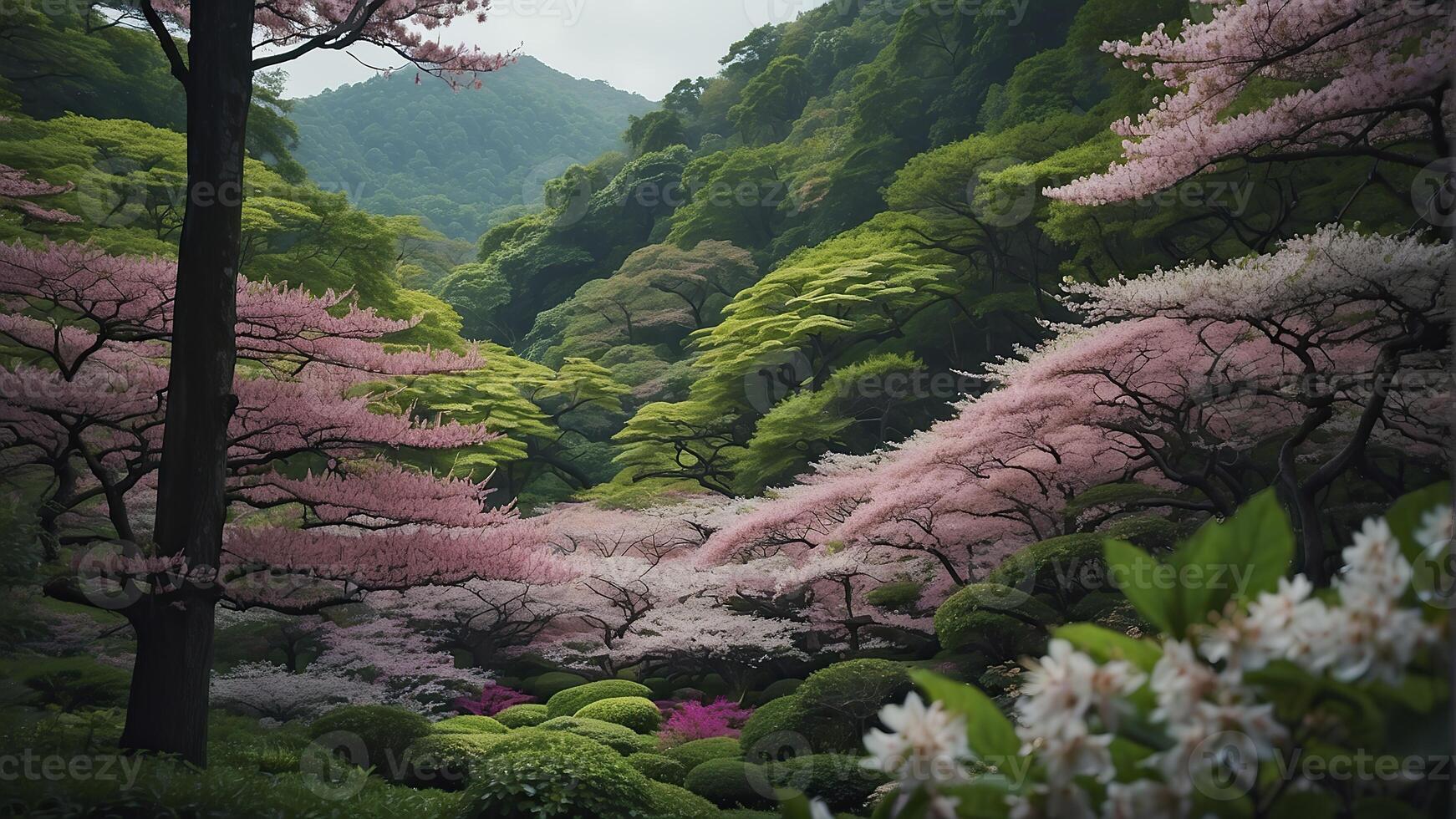 ai gerado japonês natureza, japonês natureza cenário, natureza dentro primavera, verde natureza foto
