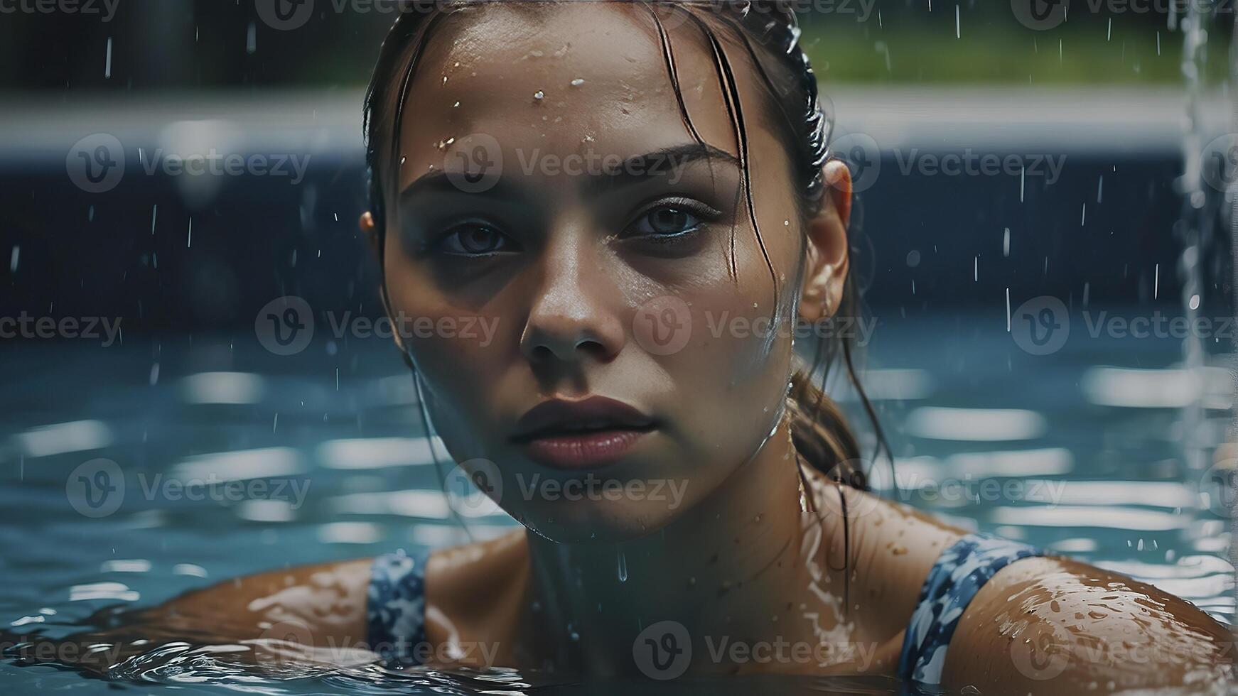 ai gerado retrato do uma bonita menina dentro a piscina, molhado retrato, molhado gir dentro a piscina, mulher é natação dentro a piscina foto