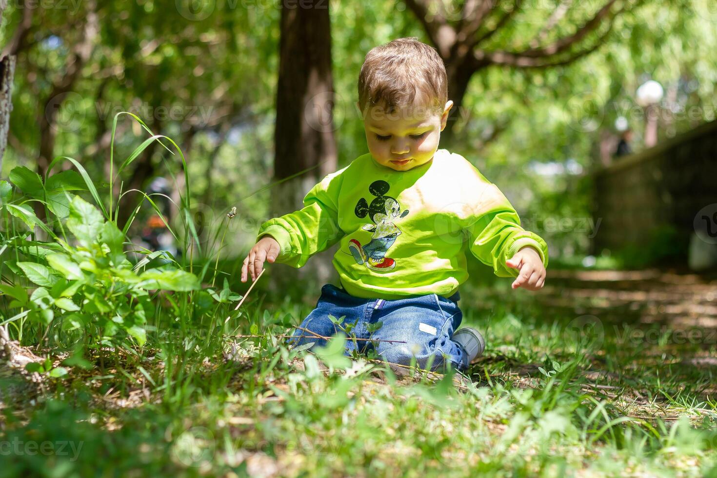 criança jogando dentro a jardim, criança jogando em a Parque infantil foto