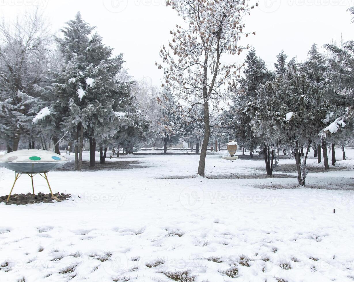 nebuloso panorama com neve, neve coberto árvores, frio inverno cenário foto