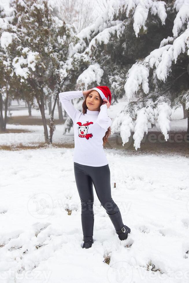 bonita menina dentro inverno floresta, jovem mulher dentro inverno parque foto