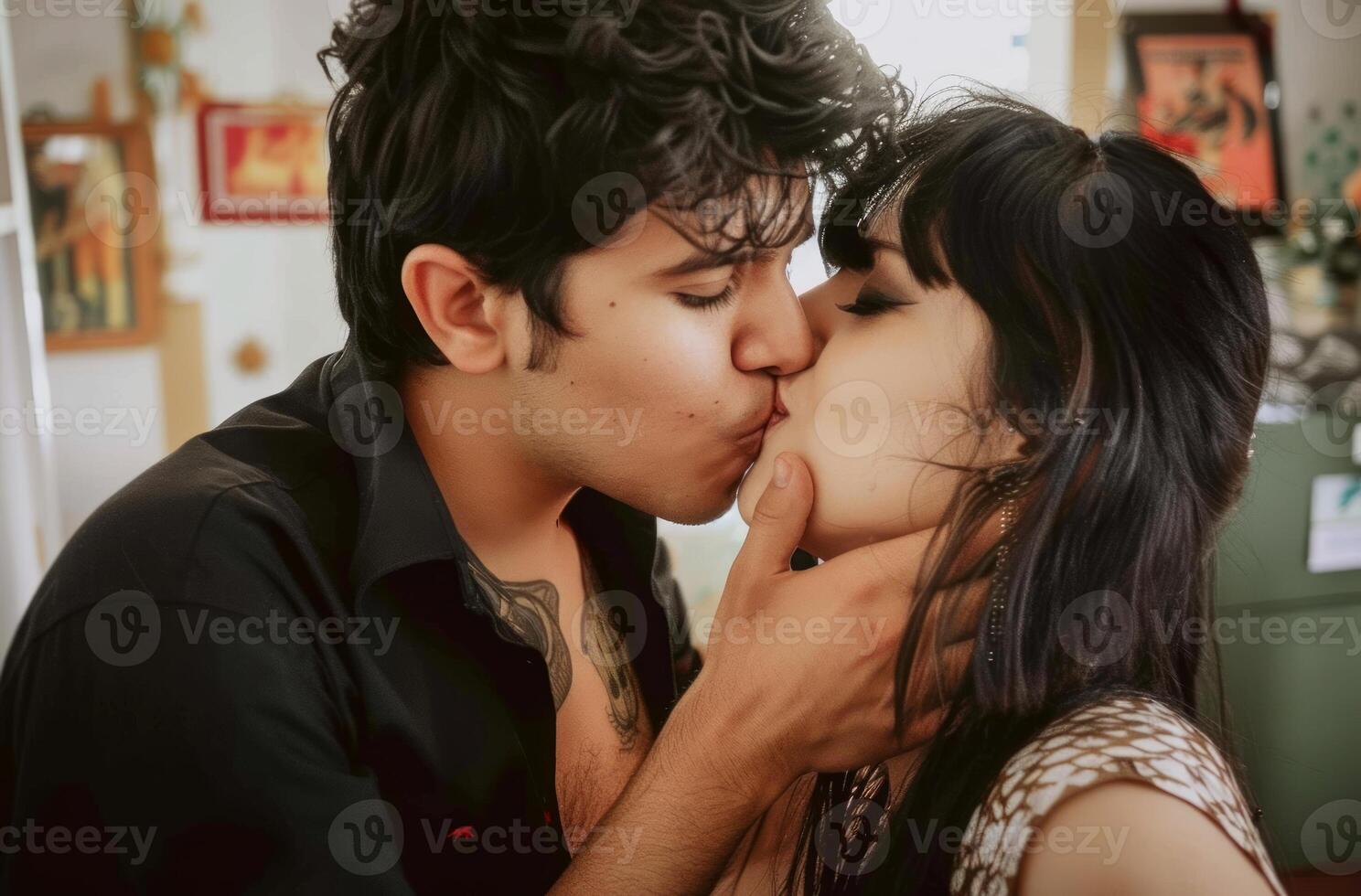 ai gerado casal se beijando romanticamente dentro uma sala, apaixonado beijo foto