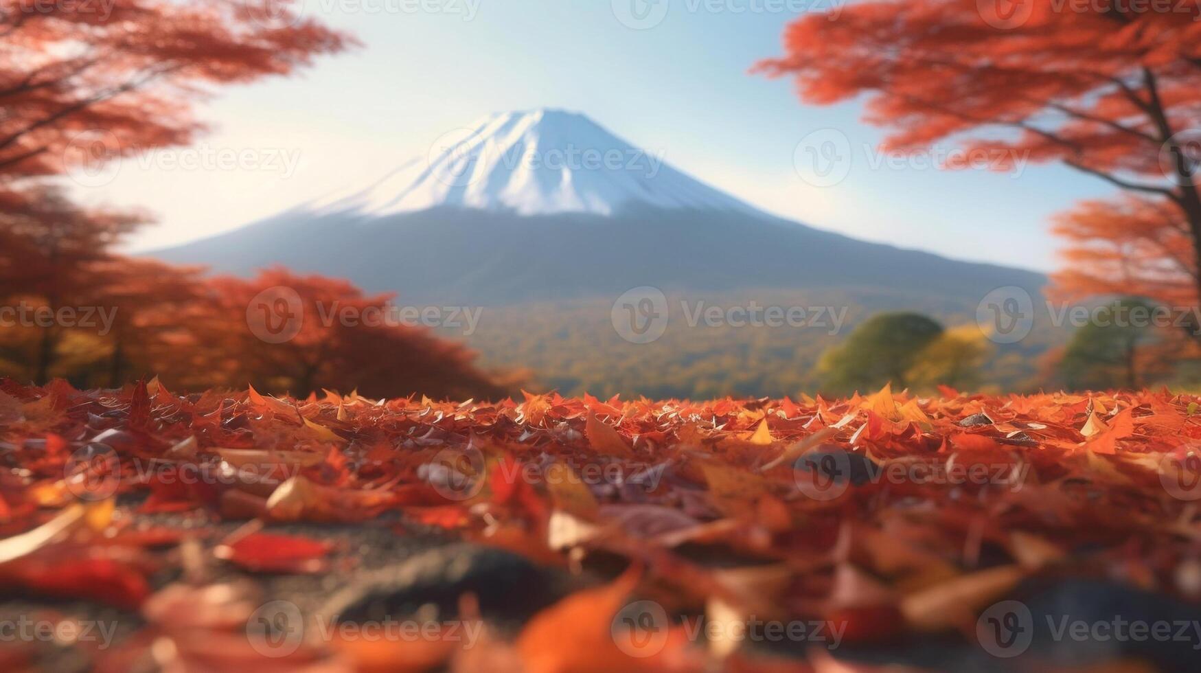 ai gerado queda bordo folhas com montar Fuji dentro a fundo. criada com generativo ai foto