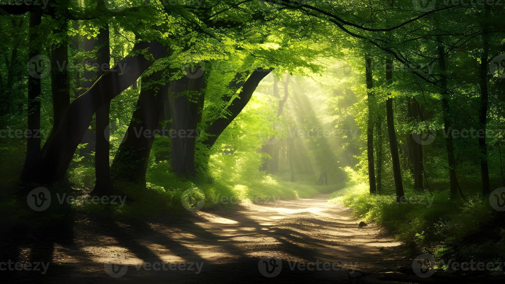 ai gerado natural arco do iluminado pelo sol árvores dentro a floresta. criada com generativo ai foto