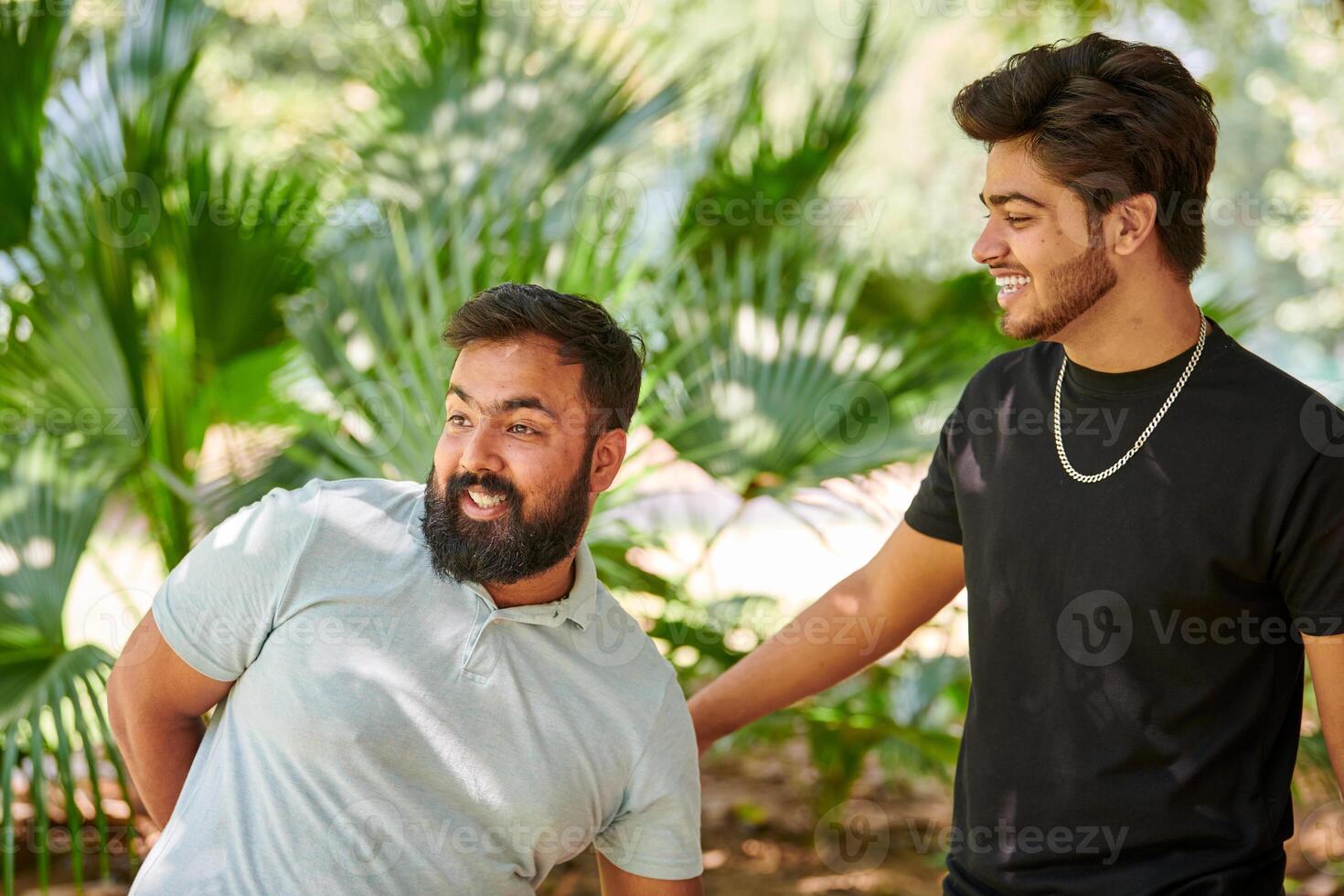 dois engraçado indiano homens rindo e falar hindi dentro público parque verde Palma folhas fundo foto