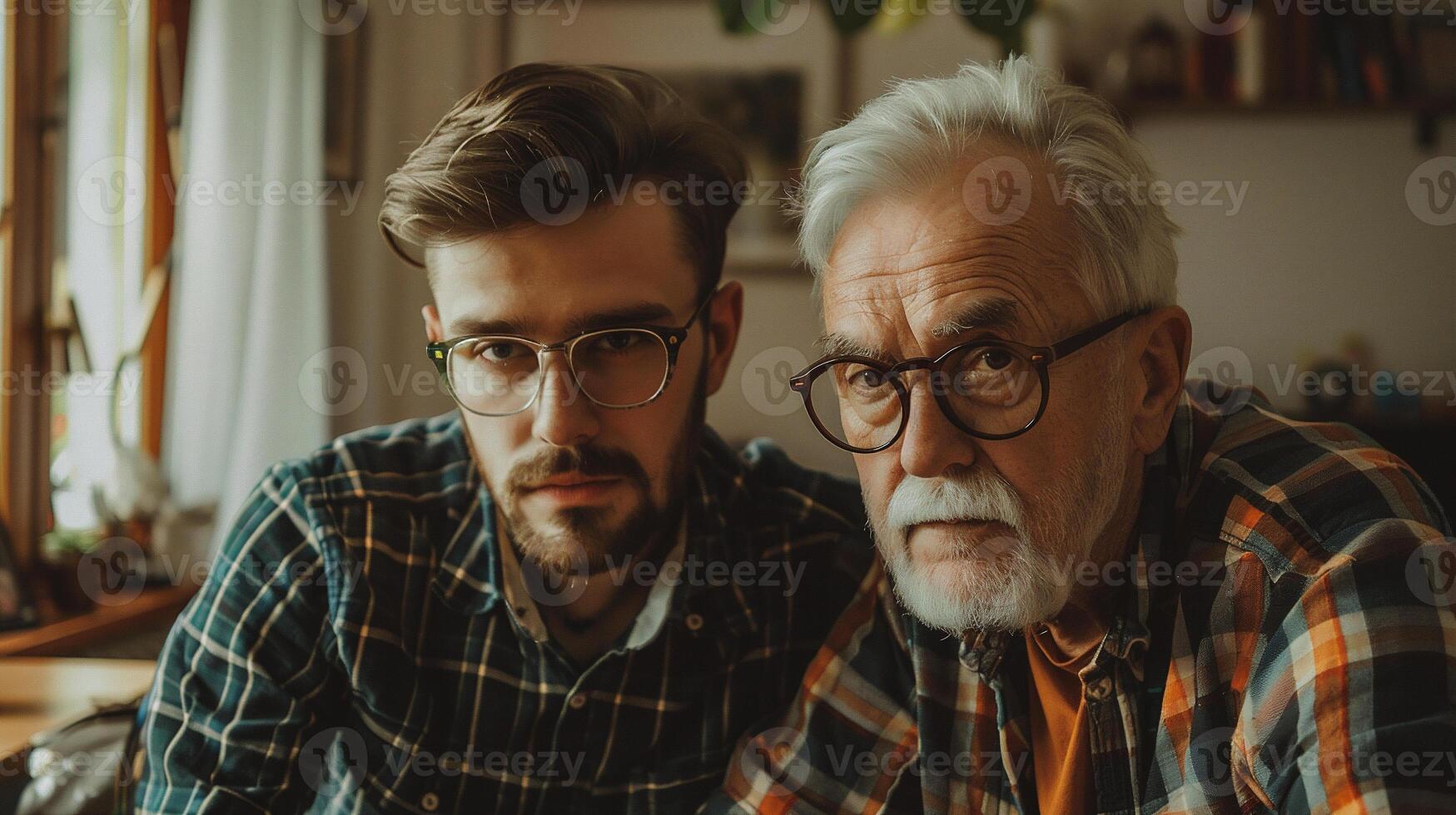 ai gerado retrato do pai e filho sentado juntos às casa e olhando às Câmera foto