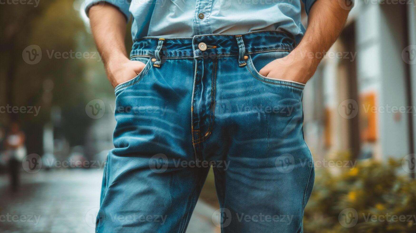 ai gerado masculino jeans. fechar-se do uma do homem mão dentro uma jeans bolso. foto