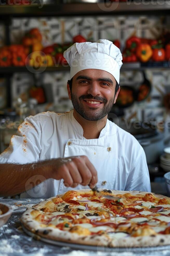ai gerado retrato do feliz italiano masculino chefe de cozinha cozinhando pizza. ai gerado foto
