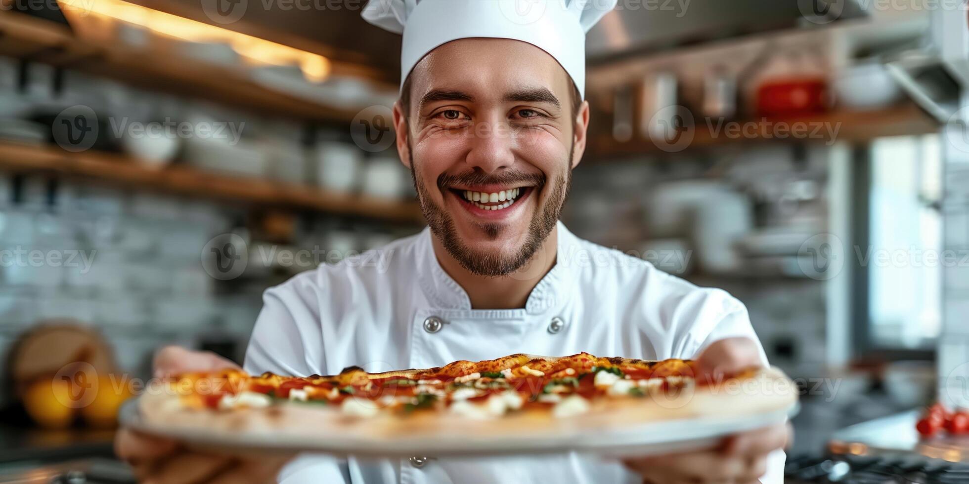 ai gerado retrato do feliz italiano masculino chefe de cozinha cozinhando pizza. ai gerado foto