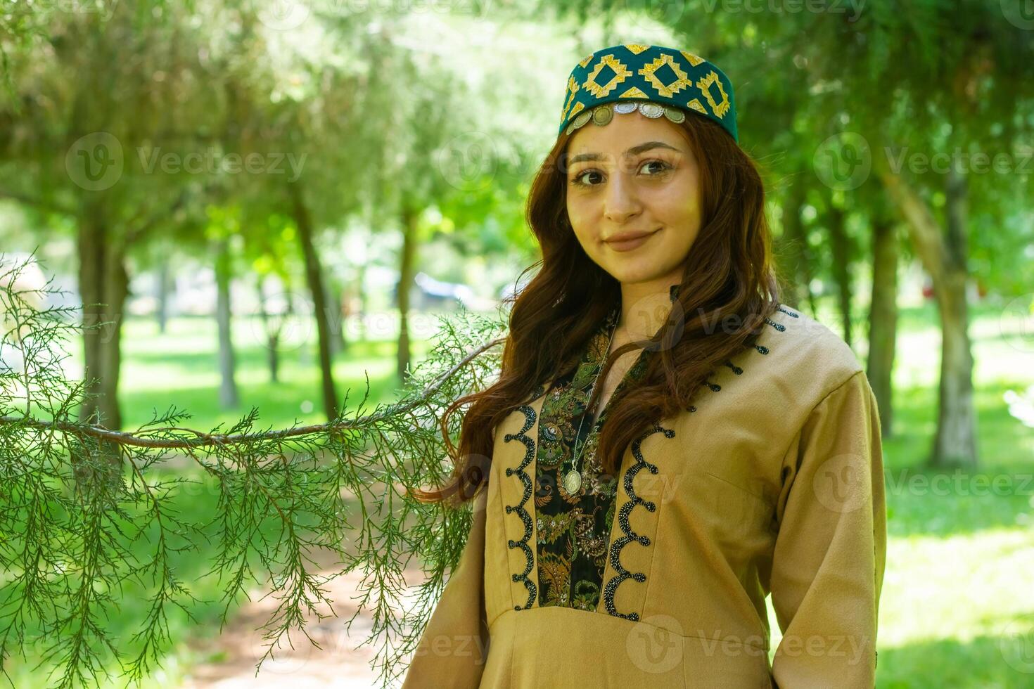 armênio jovem mulher dentro tradicional roupas dentro a natureza dentro verão foto