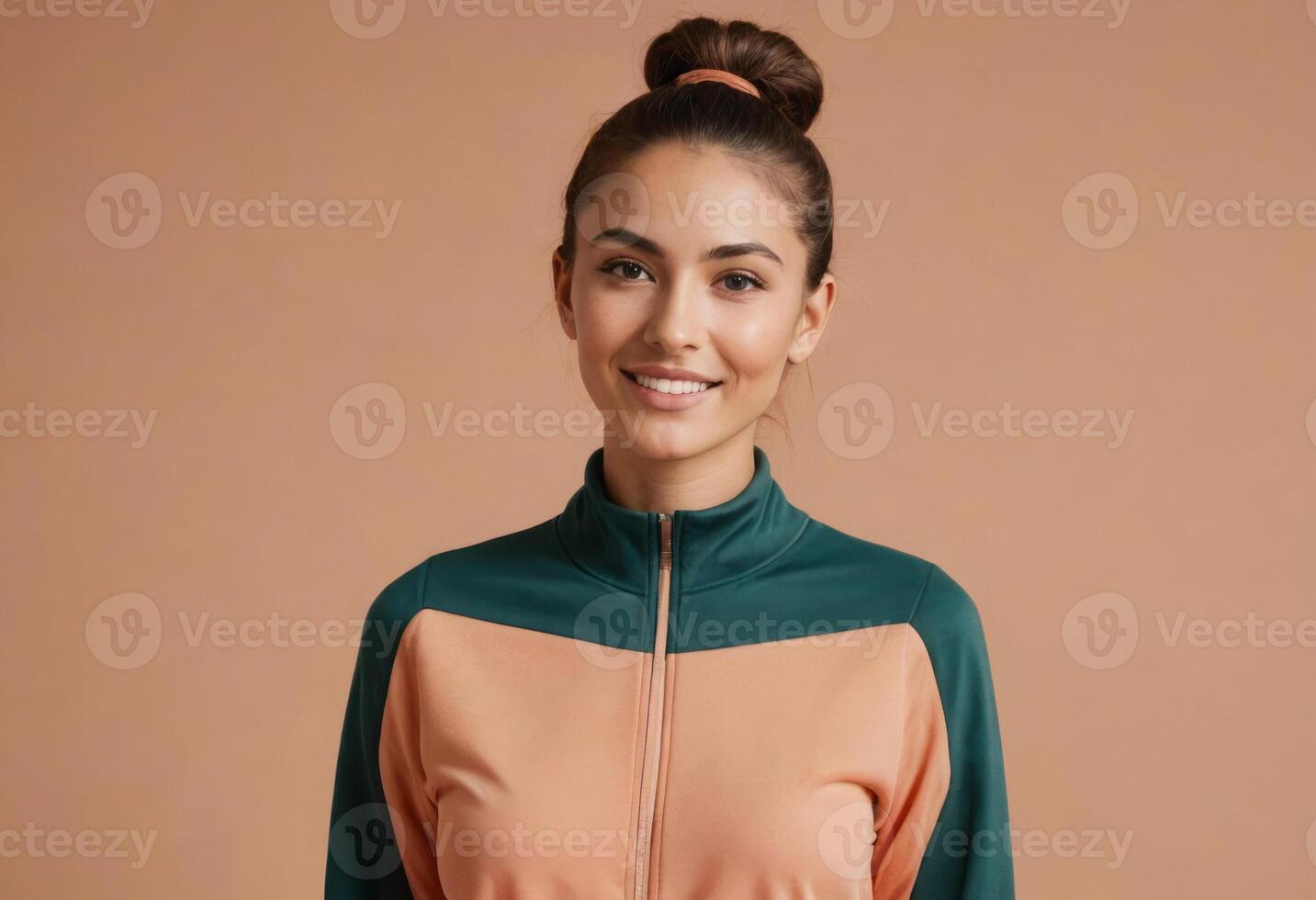 ai gerado em forma mulher dentro uma desportivo roupa ativa Jaqueta posando com confiança. dela cabelo pão e sorrir sugerir a ativo estilo de vida. foto