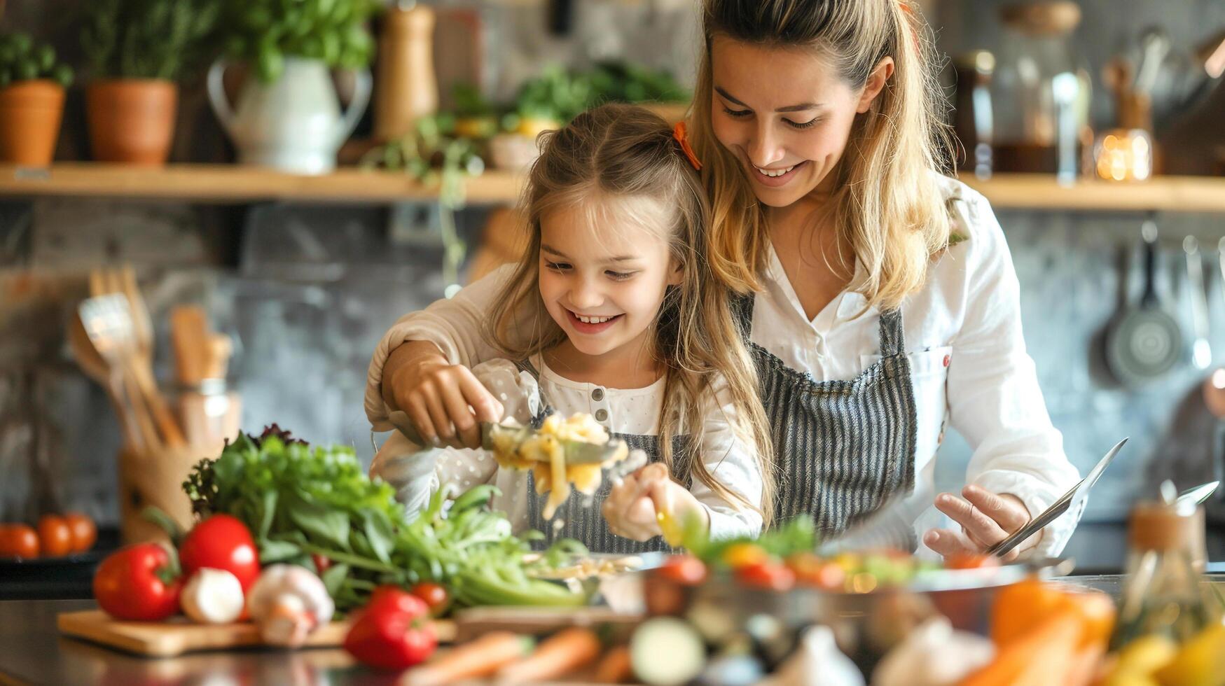 ai gerado uma mãe e filha cozinhando uma nutritivo refeição juntos dentro a cozinha, família Tempo foto