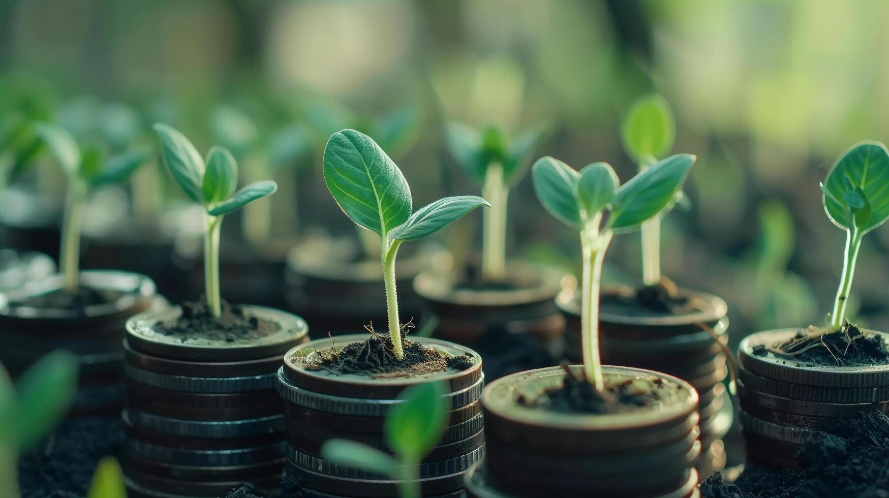 ai gerado brotos crescendo em moeda pilhas looping verde o negócio crescimento reciclando renovável energia de Meio Ambiente consciência conceito foto