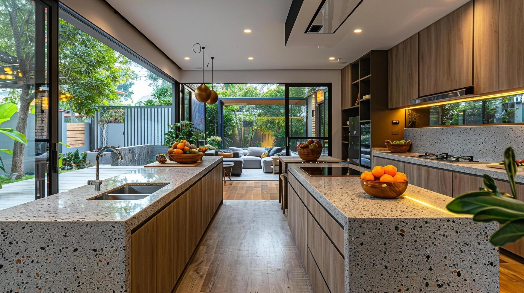 ai gerado massa cabeça dentro uma moderno cozinha com pedra Banco interior Projeto foto