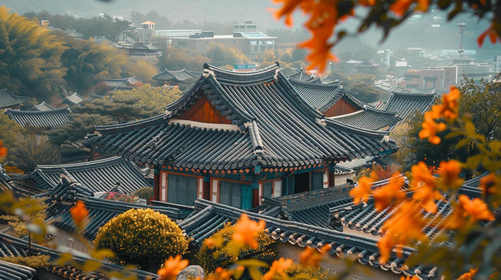 ai gerado tradicional coreano arquitetura antigo estilo sul Coreia do Sul viagem ponto de referência dentro Seul Coréia foto